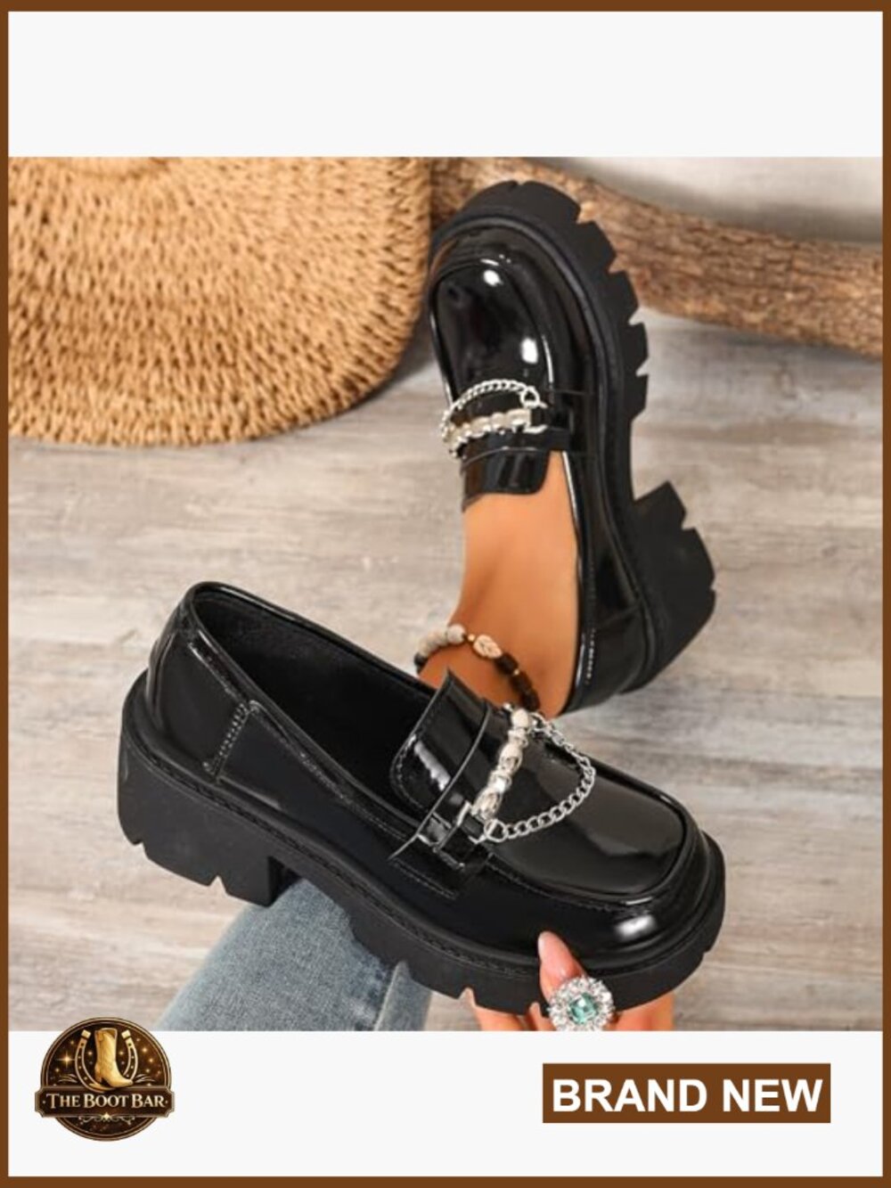 Chunky Heel Platform Loafers with Chain Detail Slip-On Lug Sole Dress Shoes - Picture 6 of 7